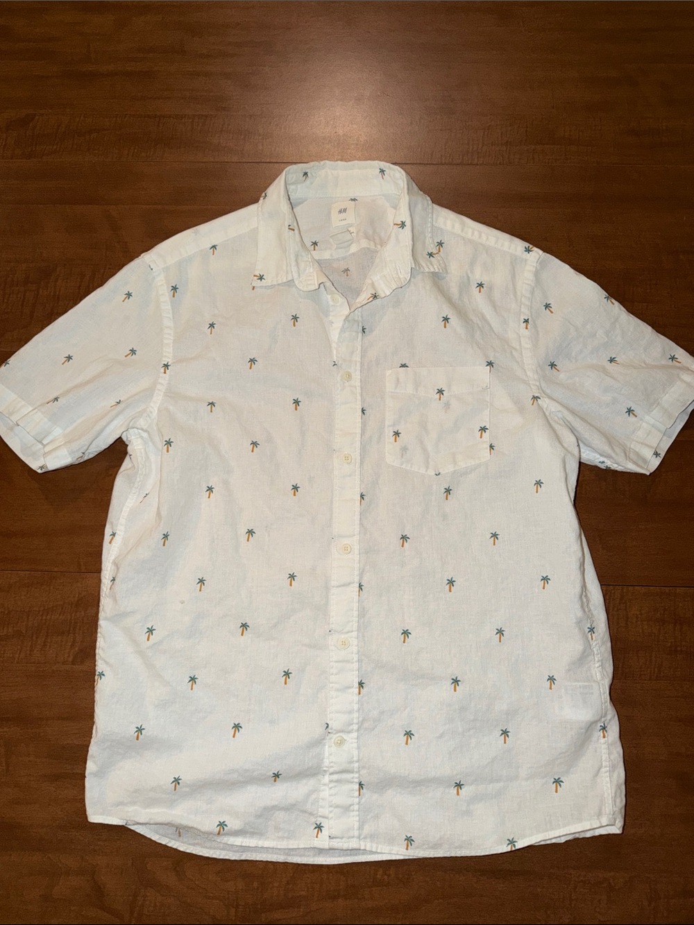 H&M White Short-Sleeve Button-Down with Palm Embroidery